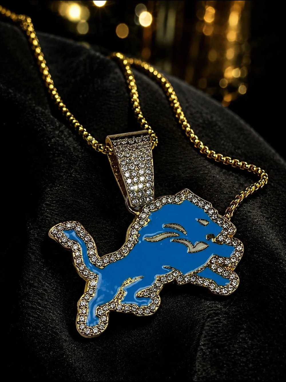 Detroit Lions Blue Lion Pendant Necklace Gold Tone Iced CZ Style Chain